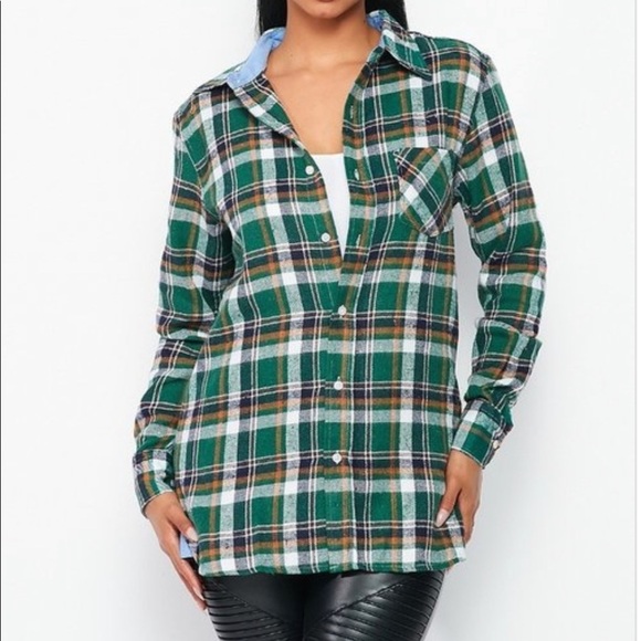 NEW FALL UNISEX TRENDY GREEN MULTI PLAID FLANNEL LONG SLEEVE BUTTON UP SHIRT - Picture 6 of 7